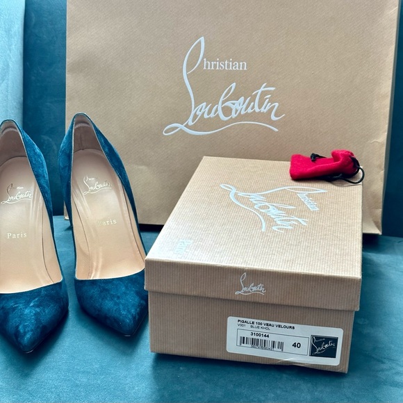 Christian Louboutin Pigalle 100 Veau Velours heels in rare Blue Kohl w/tips box - Picture 7 of 13